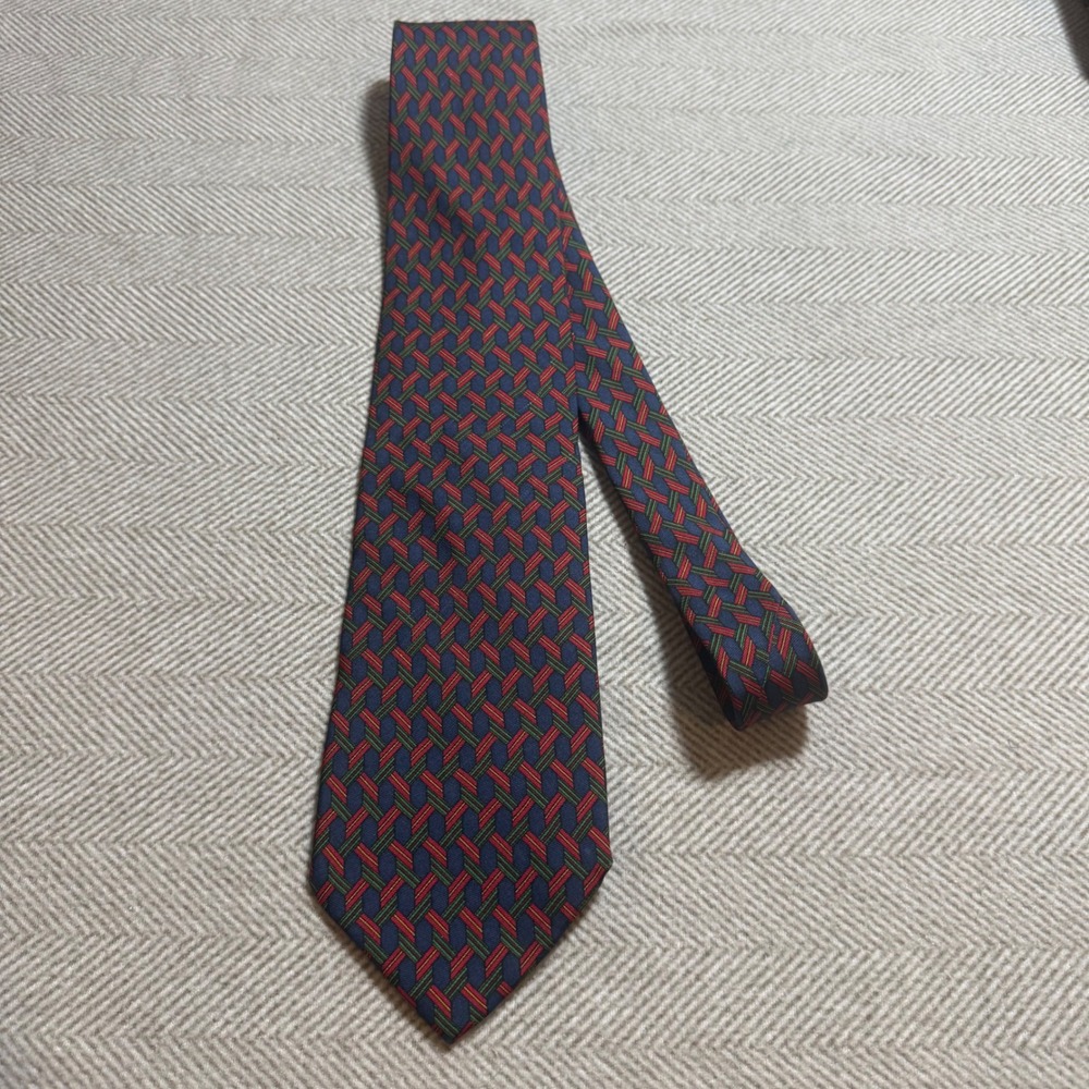 Brooks Brothers Makers Silk Tie Navy Blue Red Green Basketweave Geometric USA